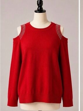 Michael Kors Red Cold-Shoulder Studded Knit Sweater